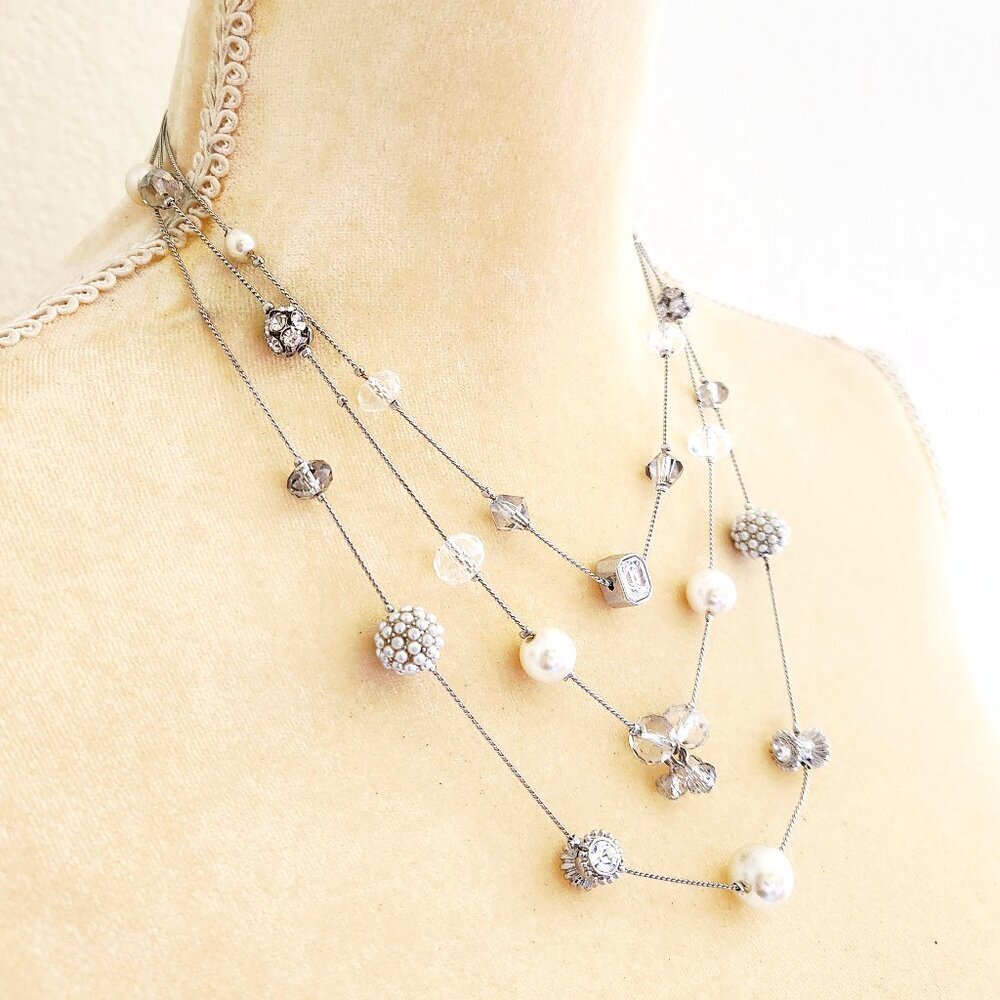 White House Black Market Pearl Faceted Bead Cluster Triple Strand Necklace